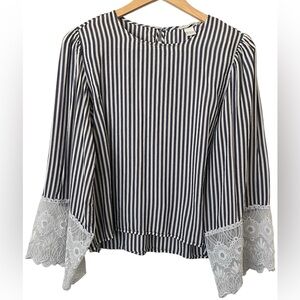H&M Striped Navy White & Tan Lace-Sleeve Women's Top Boho Long Sleeve 12